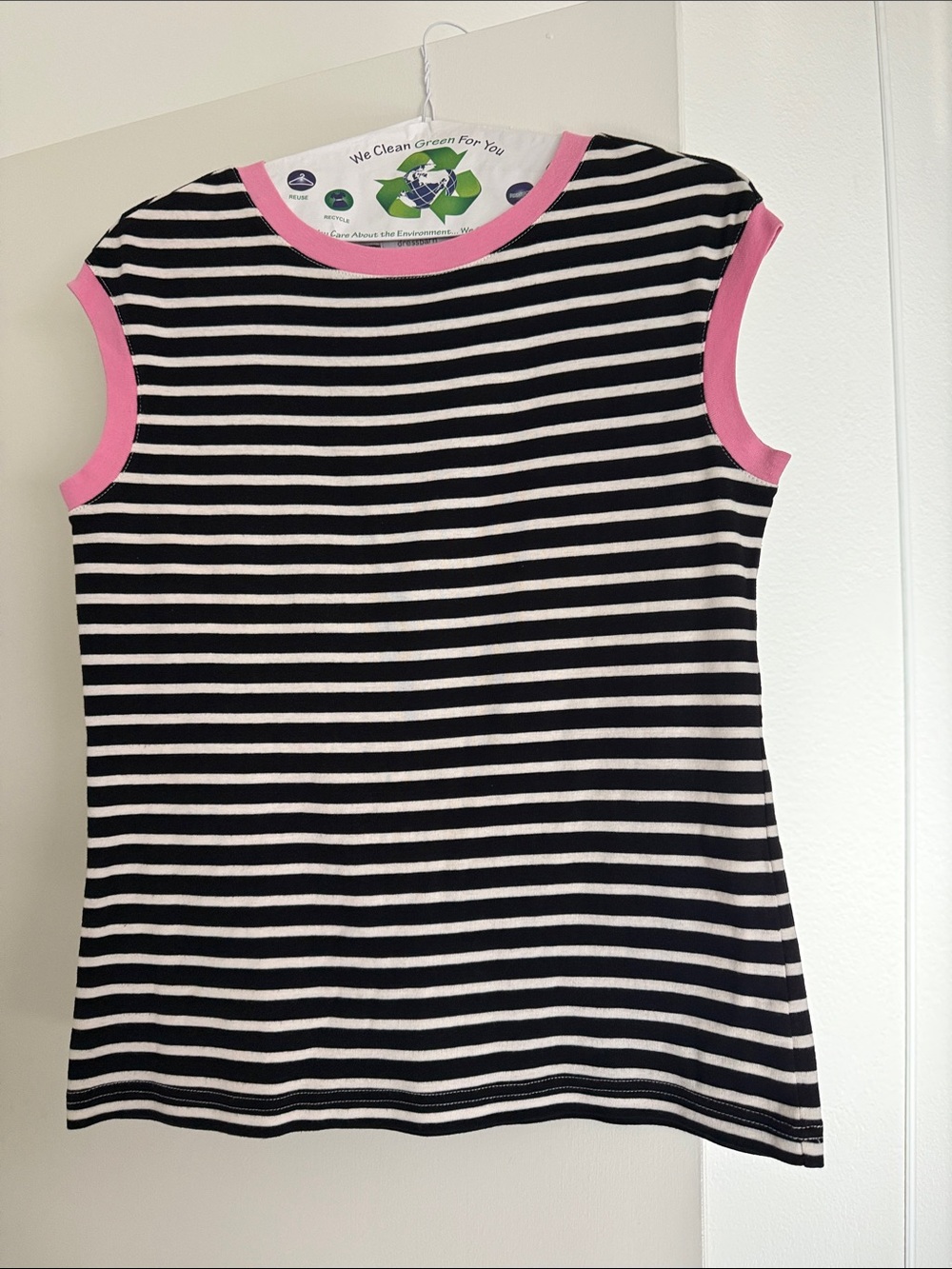 dressbarn Black & White Striped Top with Pink Trim